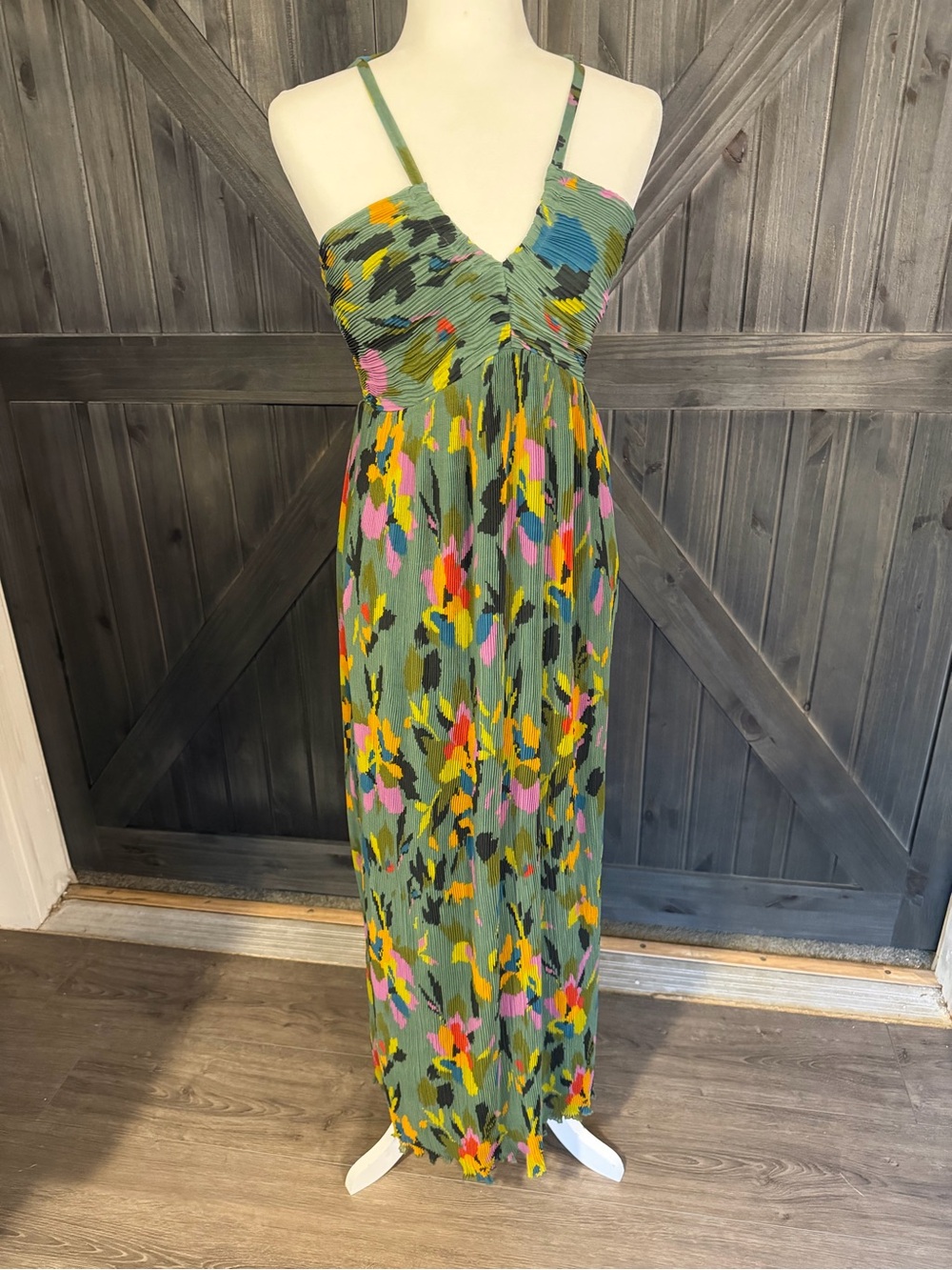 Sincerely Jules Green Floral Maxi Dress with Pink Yellow Blue Accents